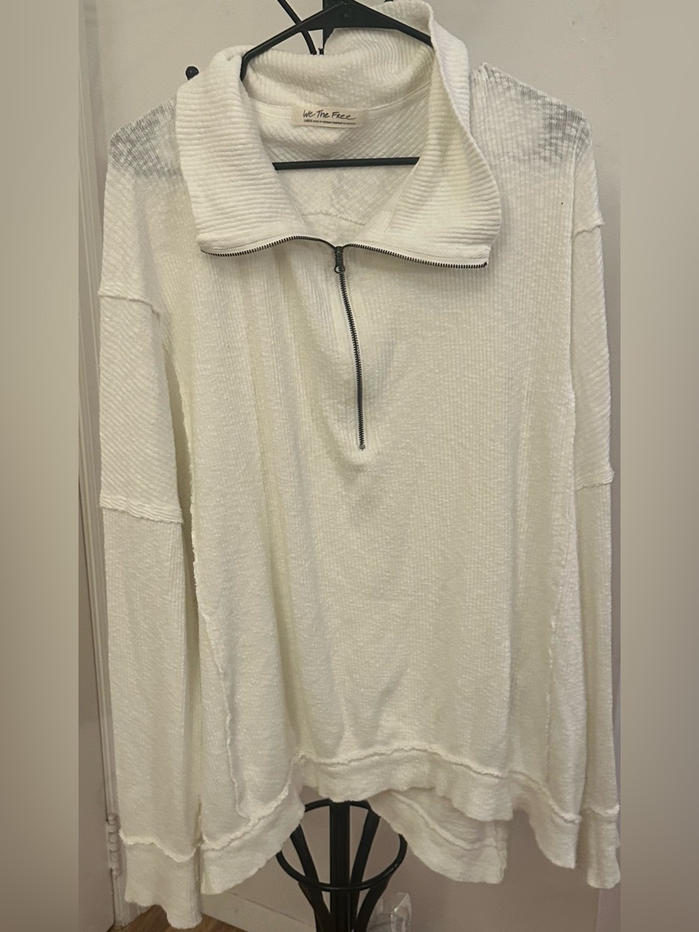 Free People Cream Zip-Front Ribbed Pullover Size Large